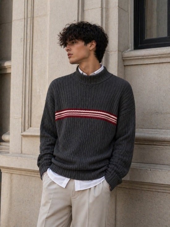 Bullhead Other - Bullhead Ribbed Mock Neck Sweater XL – Gray Knit with Red/White Stripe